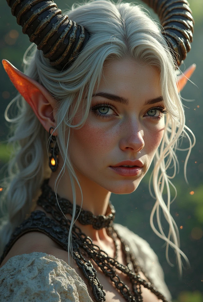 a portrait of a green skined goblin girl with freckles and bright striking blue eyes posing for a photo, long pointy ears, thick legs, muscular, fit, defined abs, full body, thong, white freckles, long flowing green hair flying, portrait, beautiful pale makeup, color portrait, stunning portrait, elegant freckles, wearing black thongs, black gloves, starshine, gold dust spread across the skin and face, walking. (dark, hyper-realistic photos (((portrait))) of glass refraction 1vase, background of magical night forest, deep woods, starlight skies, soft cinematic light, soft tones, insane details, intricate details, suitable for viewing in public places, perfectly