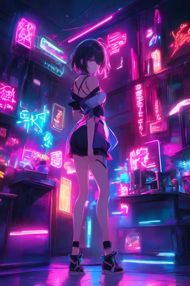 anime style, best possible quality, futuristic room woman of random ethnicity, just in panties and bra, locked in the room dancing, doors and windows locked, led light, music player with playlist projected on the wall, she sings while holding a hairbrush close to her mouth, she smiles and has fun