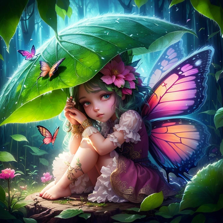 Lost western baby child, in the middle of a lush forest, where the trees are large and the beauty is enchanting, surrounded by many butterflies with the sunlight shining. (baby+forest+butterflies+sun+trees+beauty) --auto --s2