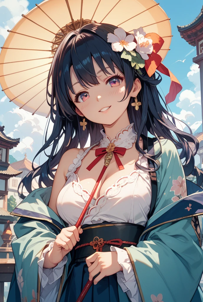 ultraclear，the detail，Large colored umbrella，There was a little girl under the umbrella，big breasts beautiful，