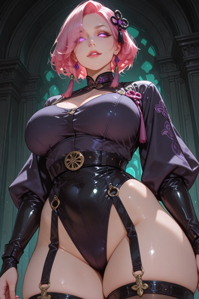 1 girl, morrigan_Aensland, beautiful face, pink eyes, Loving eyes, devil, together, strict face, evil smile,lenceria sexy, big body, tall woman,WET SKIN,Emo girl,legs nylon