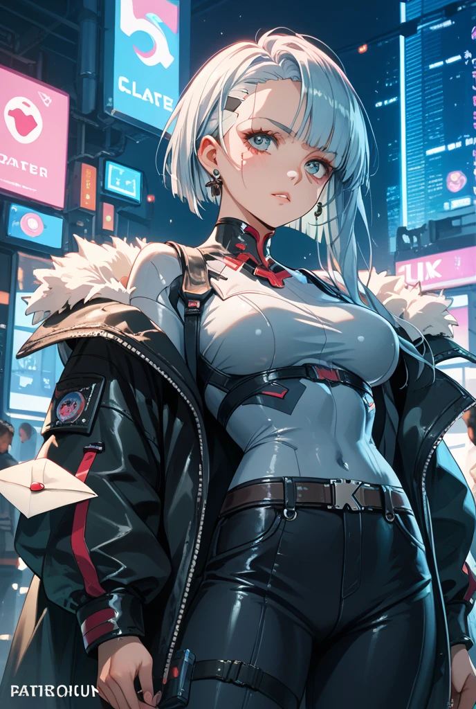((Highly detailed CG unit 8k wallpaper, masterpiece, high resolution, best quality)), Structure from head to thigh:1.3, Focus on upper body, 20-year-old female, Short gray hair, Avant-garde makeup, Hands in pockets pose:1.5, Cyberpunkファッション, Blurred background, Cyberpunk, Empty alleys, theater lighting, Anime style, Simple lines, number,huge , Crazy breast swelling, Chest larger than shoulder blades, Big breasts and thin waist，(huge breasts:1.2)，Hydrated skin（（rogue））（（非常huge乳房）），（（Grooves reveal original skin））