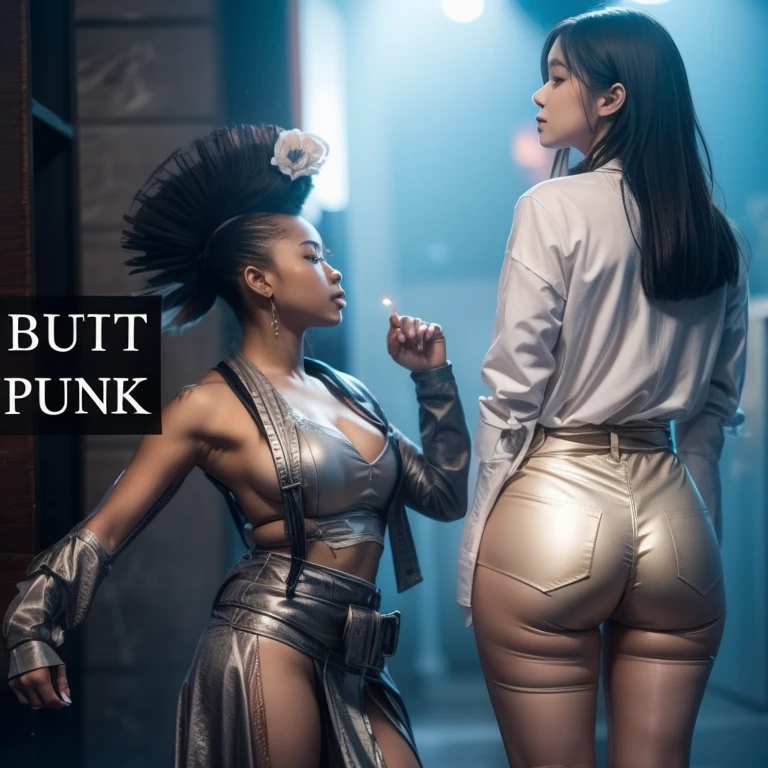 Shot from behind of Black woman in latex bra and latex things looking at the camera. Tattoos and piercings. Wearing shades