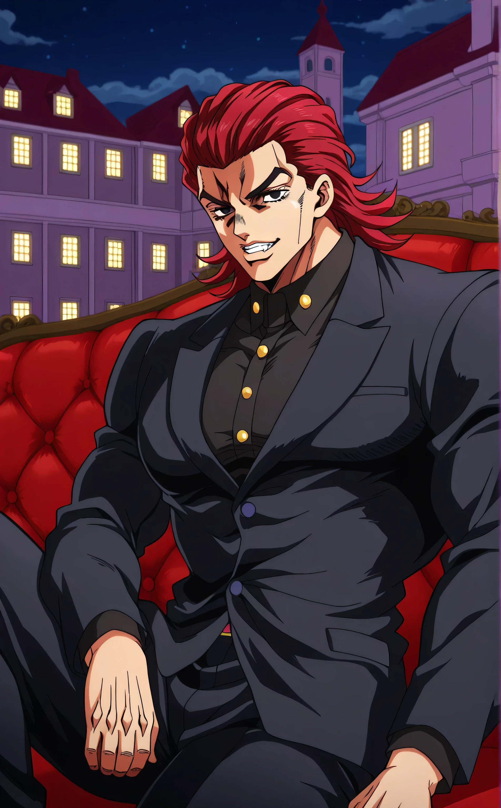 1male,solo,Yujiro Hanma,red hair,medium hair,slicked back,black eyes,Evil grin,feng,black suit,black shirt,big muscle,sitting on sofa,luxury mansion,night,Jojo's Bizarre Adventure Style