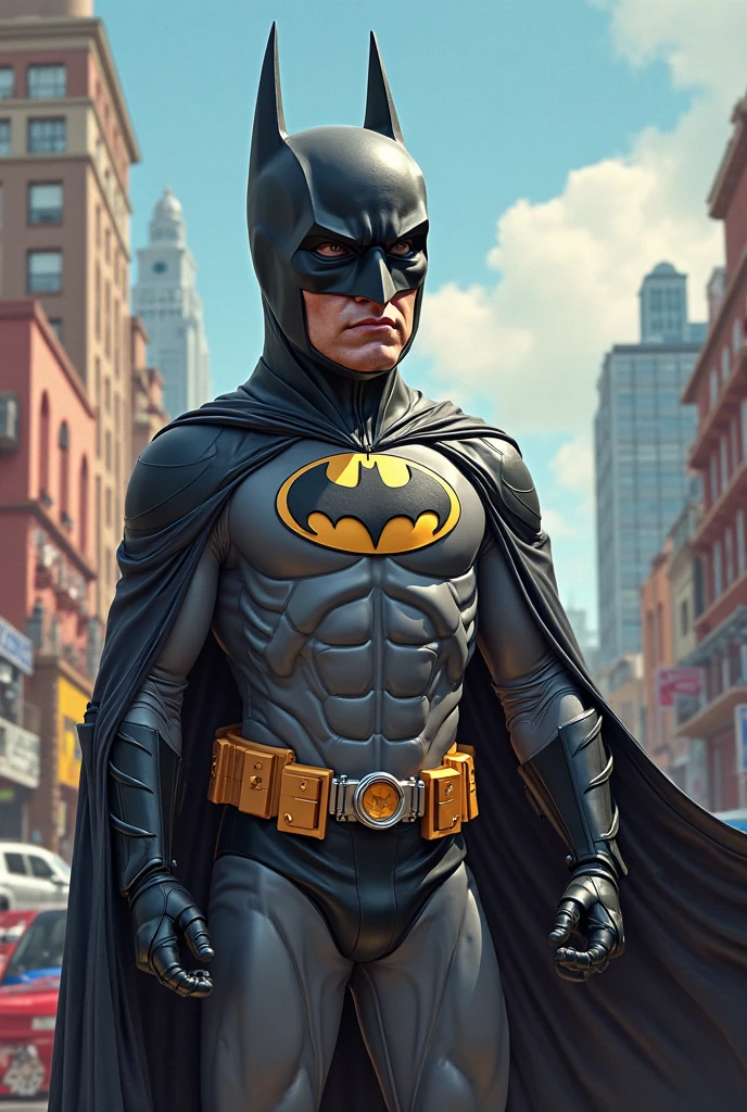 Tobey Maguire as Batman, DC comics, cape, dark night, city landscape, superhero action movie poster