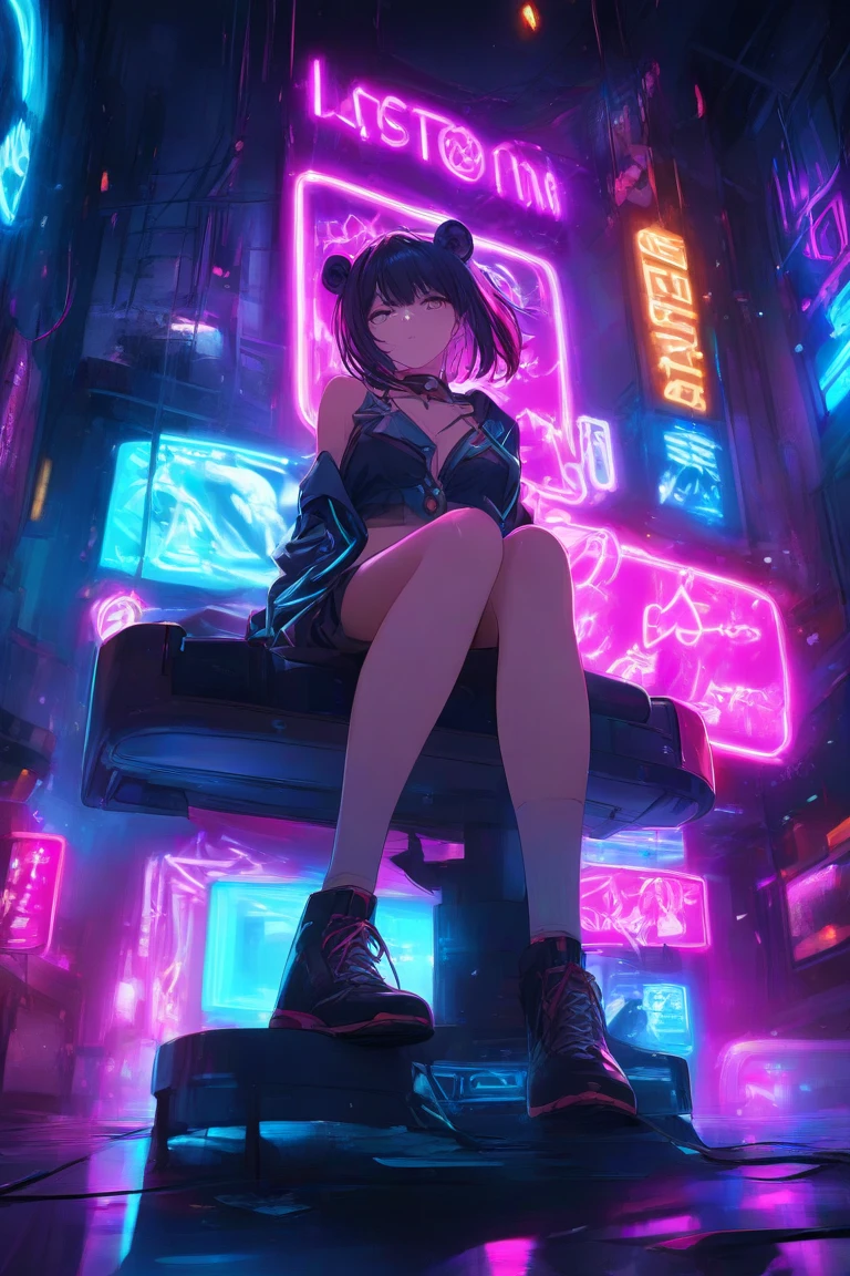 (blurry background:1.3), (extremely detailed fine touch:1.3), (super very black short hair:1.3), (((yellow underrim glasses:1.3))), headphones,(asian cyberpunk:1.3), (neon:1.3), (innovative design:1.3),(nice view:1.3), (deep space:1.3), kimono, bare legs, bare arms,