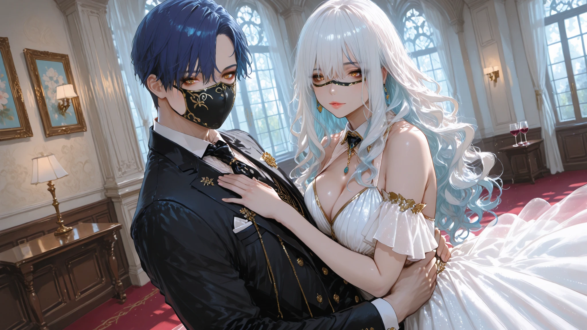 Male and female couples, Idol Photos, Magazine covers, Photos of actors, Professional Photos, Height difference, Happiness, youthfulness, lovey-dovey, extra detailed face, detailed punk hair, very detailed character, inspired by Sim Sa-jeong, single realistic face, Cai Xukun's, detailed realistic faces, highly detailed realistic face, high detailed face anime, realistic detailed face, Accurate detailed face, attractive androgynous humanoid, Black Casual Idol Costume, ((Man with light blue hair)), ((Woman with pink hair)), ((Woman with long hair below waist)), ((Man with short hair over ears)), ((Pink hair woman with gentle expression)), ((Man with light blue hair with wild expression)), high-level image quality, ​masterpiece, Photographed so that the whole body can be seen, Photographed to make clothes look beautiful, Take your eyes off, ((two individuals))