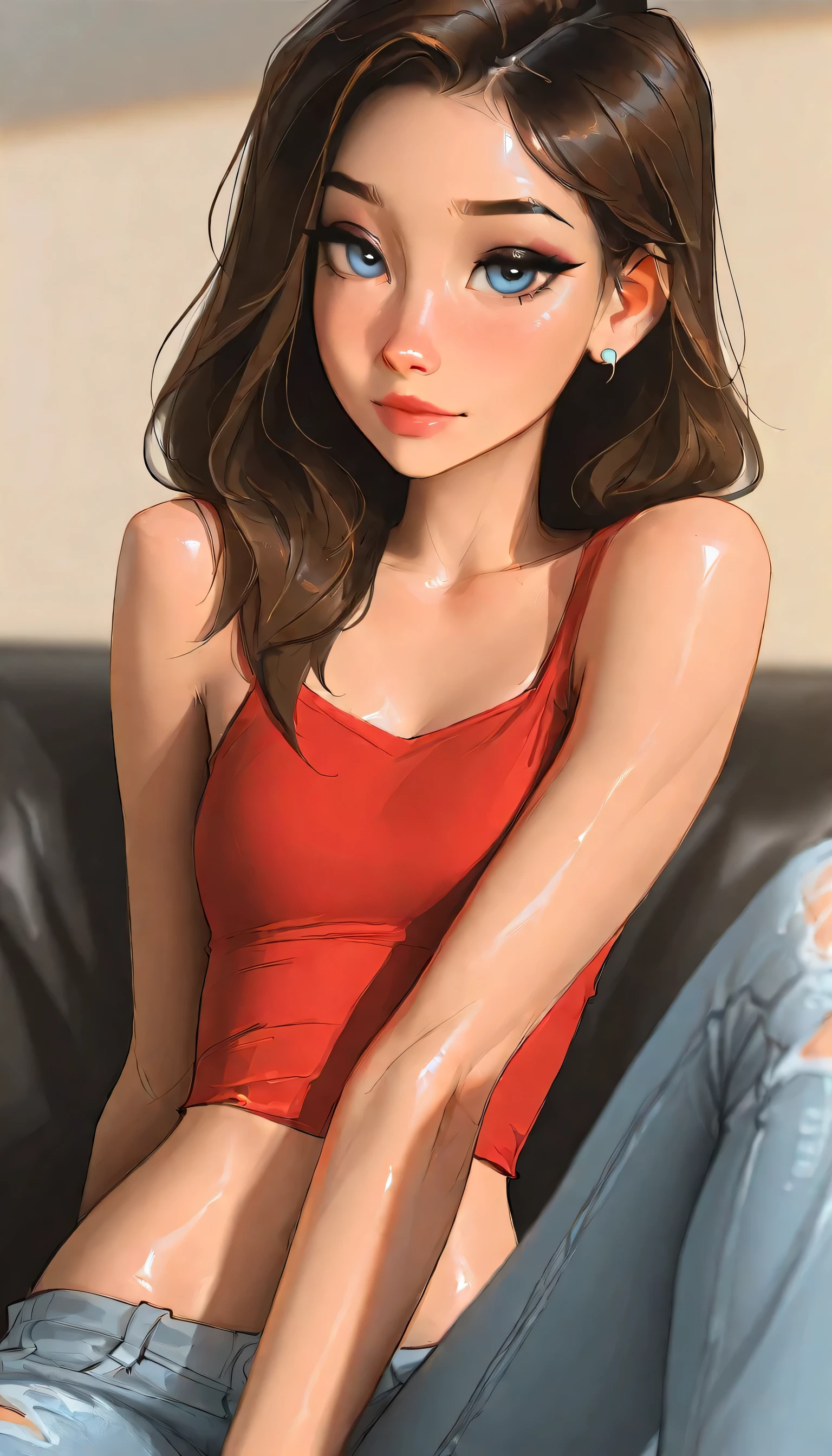 , 1girl, skinny, short brown hair, pale blue eyes, eyeliner,   seductive, torn up baggy jeans, , sam yang, , masterpiece, best quality, very aesthetic, movie quality, depth of field, soft saturation, focused subject, ,official style, shiny skin, closeup, ,  Riley Reid, Max Caulfield