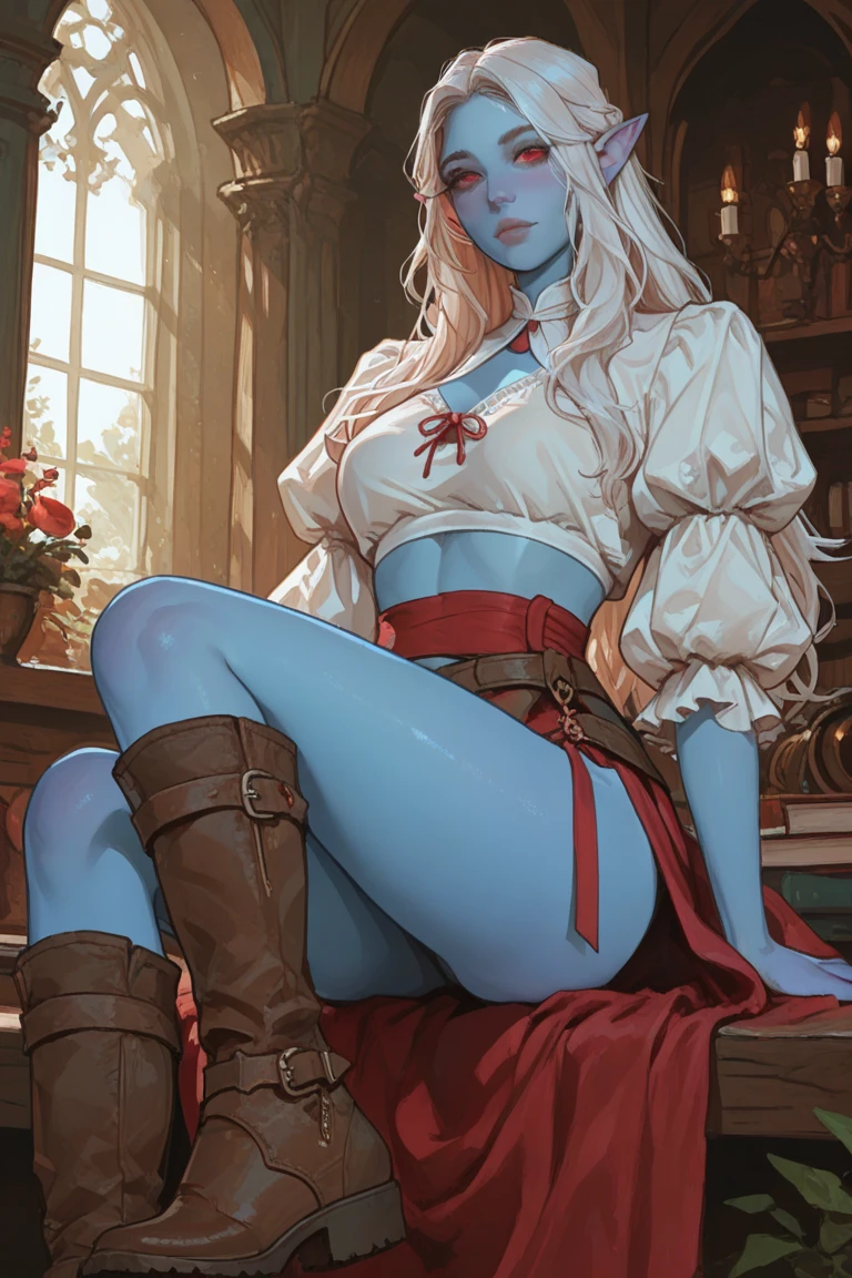 8k,masterpiece, bset quality,big, (1 girl), blue_eyes, blonde hair, long hair, professional lighting, (shiny skin: 1.2), shiny big, ((best quality)), sharp focus: 1.2, highly detailed face and skin texture, detailed eyes, perfect face, perfect body, blur art, cg, background, Big breasts, presence (20yo, mature cool and beautiful face), wearing ((blue skirt), white taut shirt, thigh), blush, (mittgal), random pose, top view, perfect eye, angry face