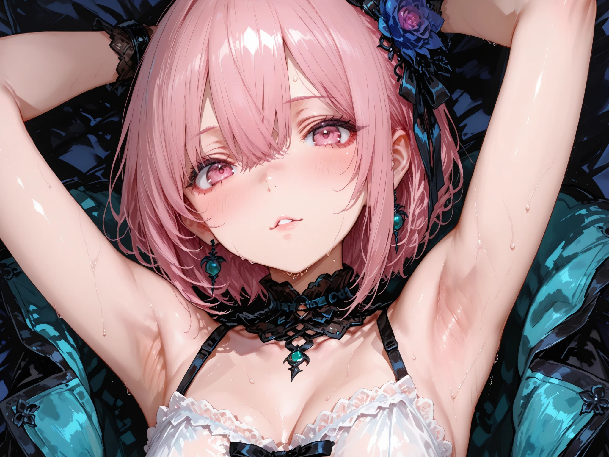 (masterpiece, Highest quality:1.3), (Super detailed:1.2), (hyperRealistic:1.3), (RAW Photos:1.2), High-definition RAW color photos, Professional photos, (PhotoRealistic:1.4), (Realistic:1.4), (Pink Hair:1.5), Professional Lighting, Perfect Anatomy, (Big Breasts:1.2), (blush, Detailed face), (Bright smile:1.5), Trending Hair&Trending Hairカラーをランダムに, Earrings, necklace, bracelet, Sexy, erotic Sexy, Random sexy gravure poses, (Beautiful cosplayer in a purple and black gothic lolita dress、A mysterious smile in an old church、Black rose in hand。Lace headdress on head、He is wearing black boots。: 1.3)devil