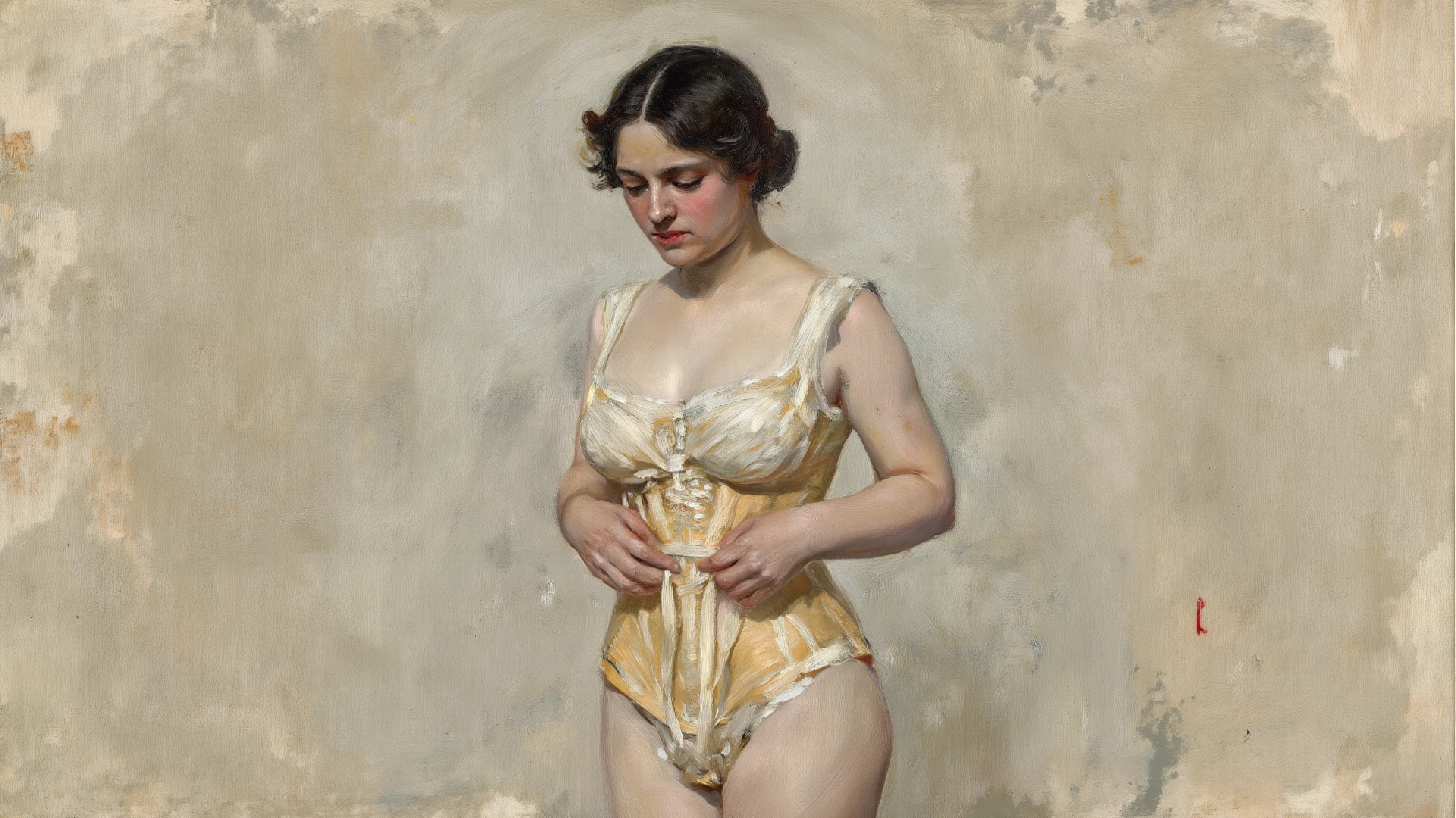 watercolor painting of a pale skin woman resembling Emma Watson, long wavy hair cascading down her shoulders, ((muscular body:1.1)), defined muscles in her arms and legs, large muscles accentuating her physique, huge breasts, nude, set against a softly blurred background featuring vibrant, classic elements in the style of Norman Rockwell, showcasing a blend of realism and artistic detail