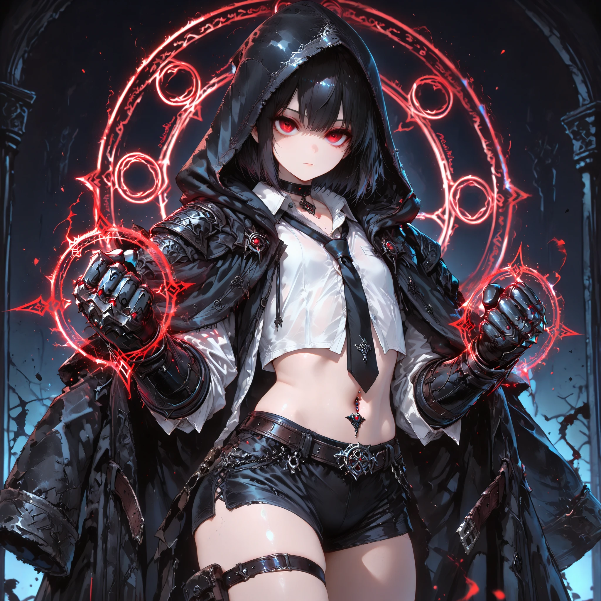 ((best quality)), ((masterpieces)), (detailed), perfect face, SOLO, ((((femboy)))), tomgirl, ANIME, beautiful detailed eyes, BOB hair, BOBed hair, BLACK hair, RED EYES, expressionless, hooded, Magical Eyes, dark background, ((BLACK HOODED coat draped over shoulders)), ((flat chest)), magic circle, ((HOODED coat )), ((hooded head)), ((dress shirt)), short black shorts, bare thighs, ((Flat chest)), bailing_magic_circle, choker, thigh strap, ((midriff)), (black tie), Crop top, navel piercing, (Fist Gauntlets),