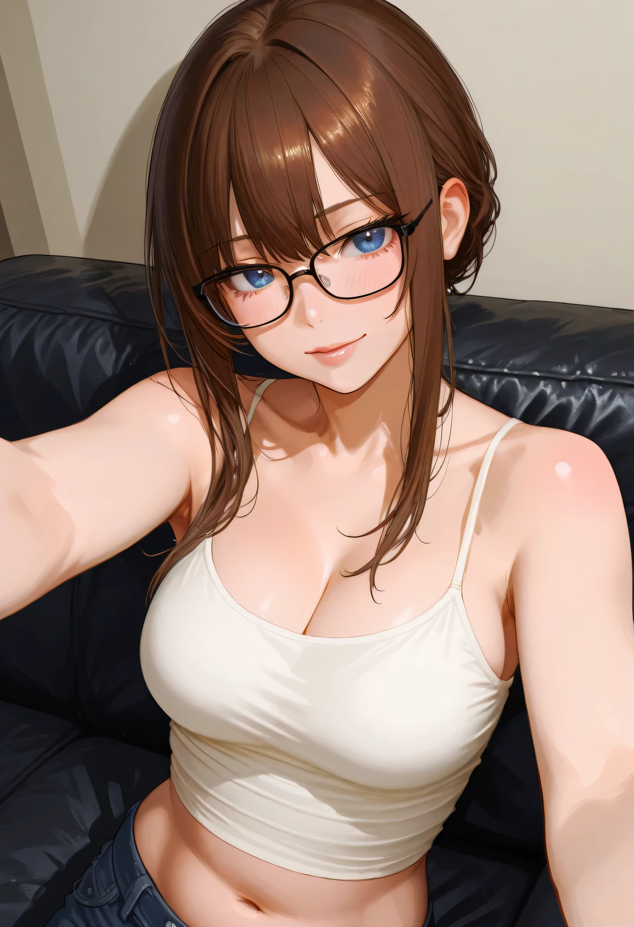 ultradetail、particles of light:0.5、slender、small breasts、Red Frame Glasses、beautiful blue eye、humiliated face、cleavage、negligee、face with tongue out、lie in bed