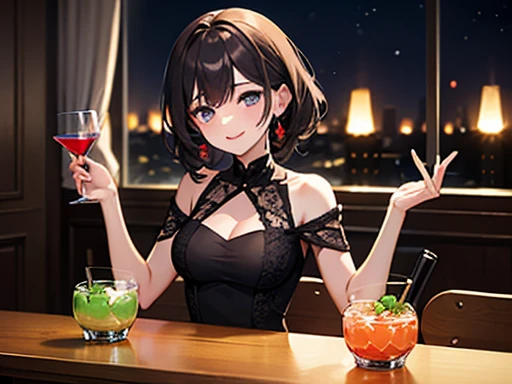 good looking, alone, 1 female, Medium Hair, Brown Hair, Pink highlights on the tips, Pale pink eyes,Smile Face,night,pub,Black Dress,Cocktail
