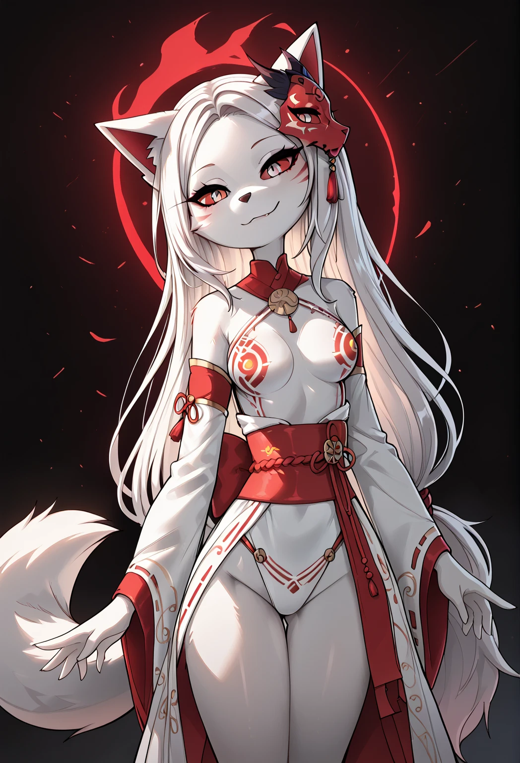 Solo, score_9,score_8_up,score_7_up, kemono style, amaterasu from okami, female Anthro wolf, snout, black nose, wolf ears, wolf tail, yellow eyes, black sclera, black lips, black nipples, hourglass figure, naked, white hair, hair in a bun, in a Temple, sitting on a stone throne, legs spread, one leg up, 4 toes, black feet paw pads, lounging
