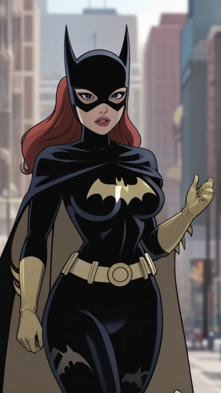 score_9_up, score_8_up, score_7_up, <lora:Batgirl_-_Killing_Joke_PDXL:1>, batgirl, blue eyes, ginger hair, long hair, mask, gloves, , cape,  batgirl classic suit, , crossed arms, looking at viewer, from below, outdoors, solo, best quality, high quality