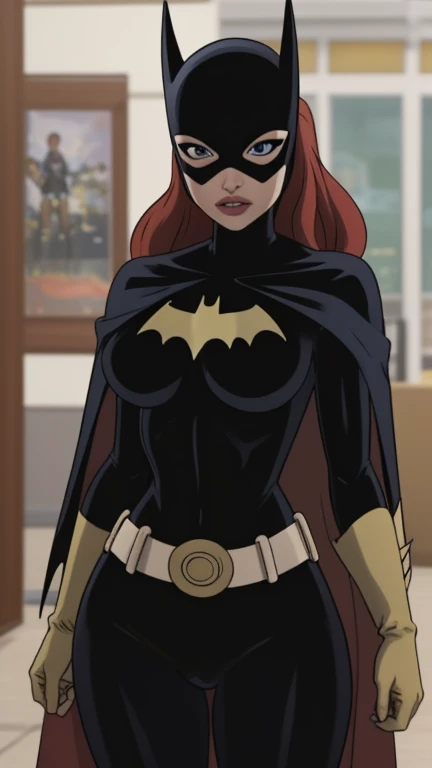 Barbara gordon,black suit,crystalblueeyes, red long hair, standing, looking to camera, vaginal sex pov, yellow cape, gloves, torn bodysuit, batprint