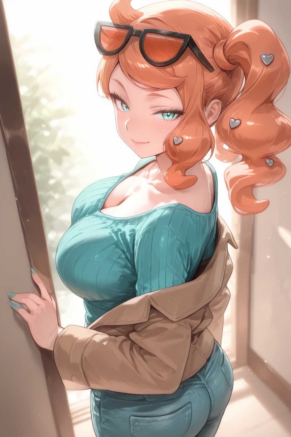 master-piece, bestquality, 1girls,16 years old, View viewers from front, HD, slight smile, massive tits, cleavage, under , tights cloth, , tiny body, under tits cleavage, look down, stand up, wide hips, leah, braid, single braid, orange hair, purple eyes,