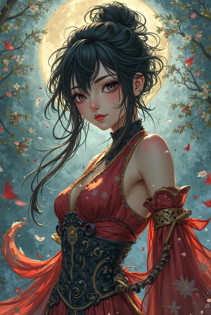 (Rainy, foggy field background:1.4)，(Pencil_outline:1.2, messy lines, greyscale, Traditional media, outline),(best qualityer,4K,high resolution), 18 years old female, Long, smooth, black-red gradient hair, Long, smooth, shiny hair, Innocence，sharp looking eyes、Eyes red、cold look in the eyes、 Face、depressive、looking back, to the audience、small-nose、eyeliner、 Messy and flying hair、The red cloak fluttered、rear view、straighten your back、Camera angle behind、Show your back、Close back、Red back(lotus tattoo:2.0)Standard、samurai sword，comics，And soul，Delicately express the realistic skin texture、Reproduction of muscle texture、gothic art