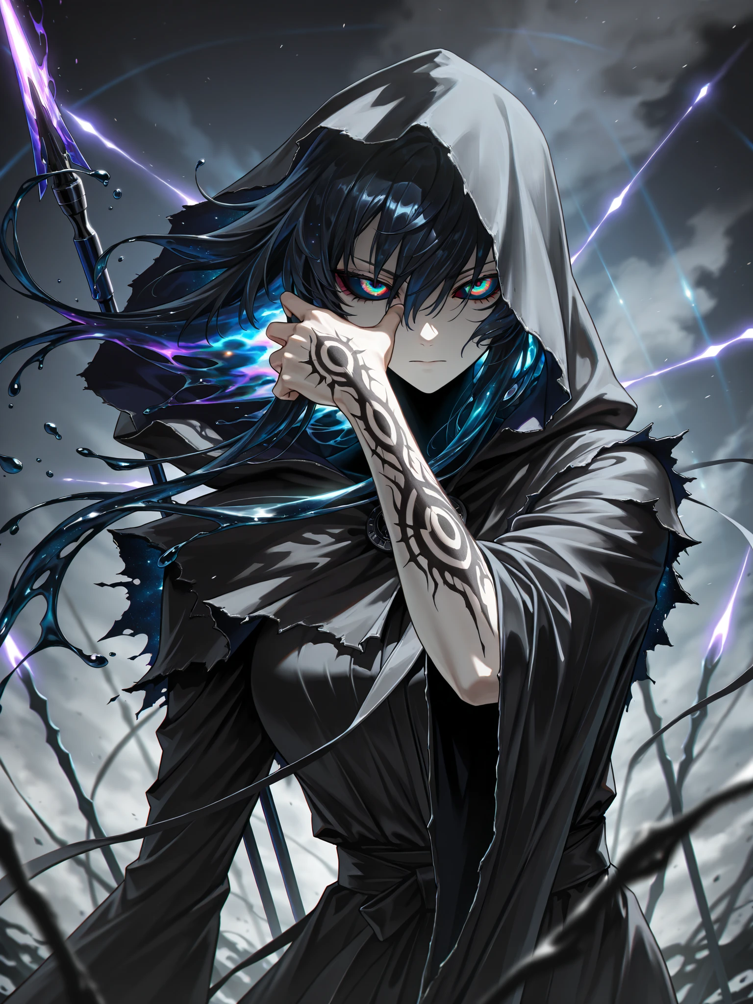darkness, dramatic lighting, dark corridor, god rays, cinematic shot, mature,adult, masterpiece, best quality, amazing quality, very aesthetic, high resolution, ultra-detailed, absurdres, scenery, chaotic background, darkness, dramatic lighting, deep dark blue, abyssal ocean, abyss, Tron style
1girl, woman, solo, (dynamic pose, side eye, gathering energy, serious, scorn, upper body shot:1.2), expressionless, cloak , hood , hood up, (liquid hair, dark blue hair, black hair:1.4), tsurime, narrow eyes, burning eyes, purple flames, liquid flames, napalm,(coloured sclera, quantum sclera, multicolored eyes, rainbow eyes, cosmic eyes, quantum eyes:1.2), quantum shadows, wild hunt, pale skin, wielding polearm,  black robe, ornate blue patterns, dark blue environment, smoke, constellation, black tattoos, growl, cosmic weapon, liquid weapon, plasma weapon, plasma lance, plasma spear, novuschroma79 style, glitch art photo
BREAK, depth of field, volumetric lighting
 