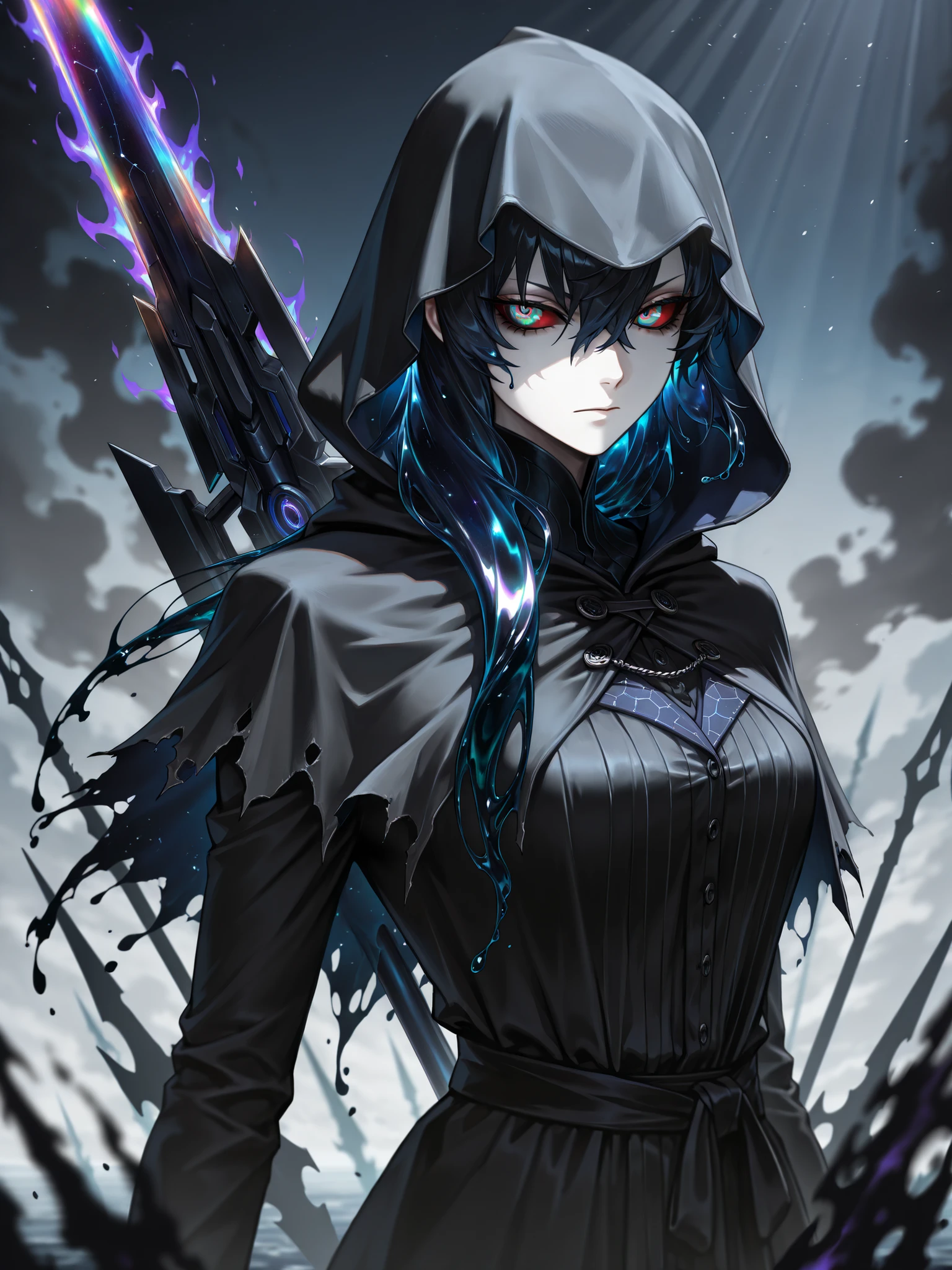 darkness, dramatic lighting, dark corridor, god rays, cinematic shot, mature,adult, masterpiece, best quality, amazing quality, very aesthetic, high resolution, ultra-detailed, absurdres, scenery, chaotic background, darkness, dramatic lighting, deep dark blue, abyssal ocean, abyss, Tron style
1girl, woman, solo, (dynamic pose, side eye, gathering energy, serious, scorn, upper body shot:1.2), expressionless, cloak , hood , hood up, (liquid hair, dark blue hair, black hair:1.4), tsurime, narrow eyes, burning eyes, purple flames, liquid flames, napalm,(coloured sclera, quantum sclera, multicolored eyes, rainbow eyes, cosmic eyes, quantum eyes:1.2), quantum shadows, wild hunt, pale skin, wielding polearm,  black robe, ornate blue patterns, dark blue environment, smoke, constellation, black tattoos, growl, cosmic weapon, liquid weapon, plasma weapon, plasma lance, plasma spear, novuschroma79 style, glitch art photo
BREAK, depth of field, volumetric lighting
 