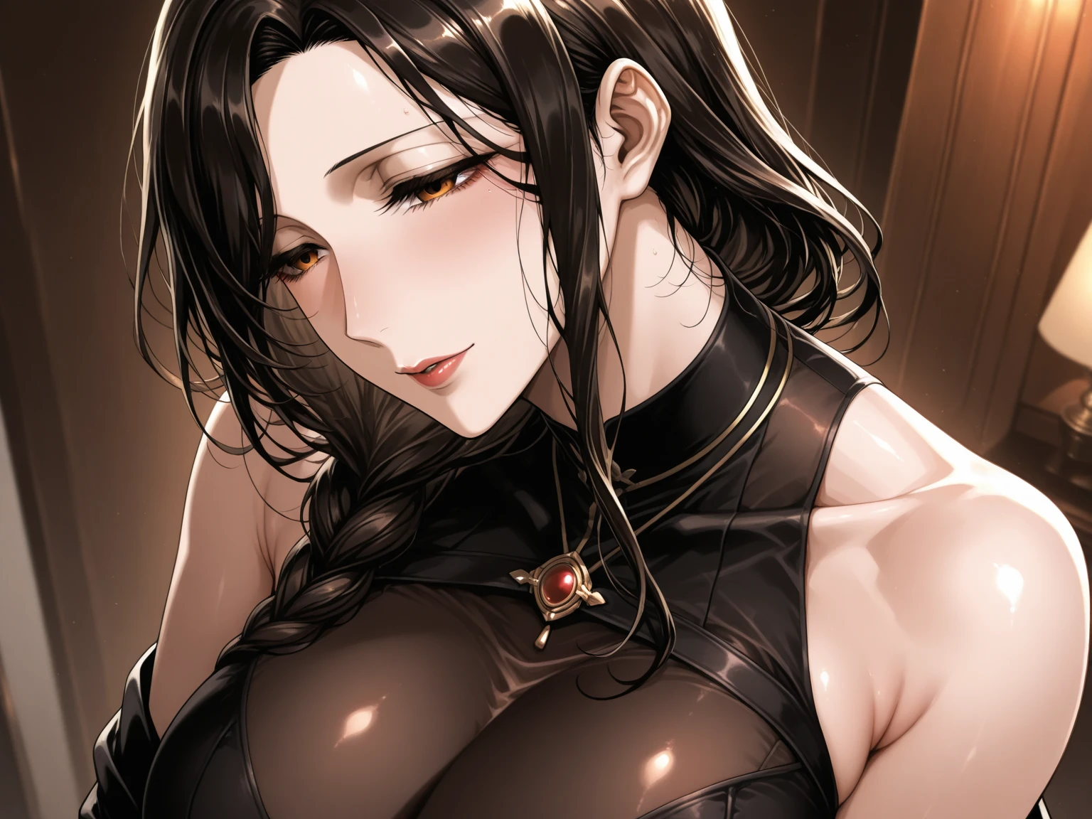 1girl, solo, mature lady, milf, beautiful character design, cg unreal engine, hd, 4k, full shading, perfect shading, professional art, extremely detail character design, a girl with long white hair wearing black theme soldier uniform, happy, smug, red eyes color, red lips, half body shot, looking at viewer, evil pupil eyes, cute evil horns
