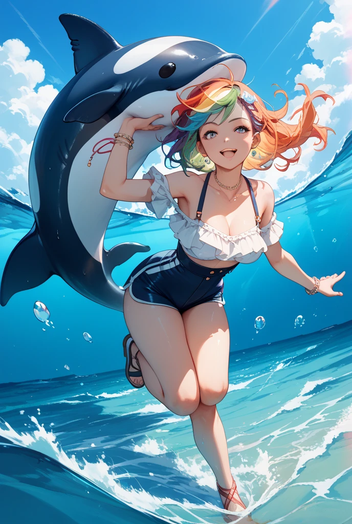 (masterpiece, Best Quality, ultra detailed, best shadow), (beautiful detailed face:1.3),(Alone), (family_friendly:0.8),high contrast, ultra high resolution,(1 girl under the deep sea:1.6),(dive and pet a whale:1.3),Whole body, swimsuit,refract light from above,bright_light,vivid algae,colorful corals, looking_far, pez tropical,(turbulence disturbed hair:1.2),([blue|the payment] hair:1.1) pink panties 