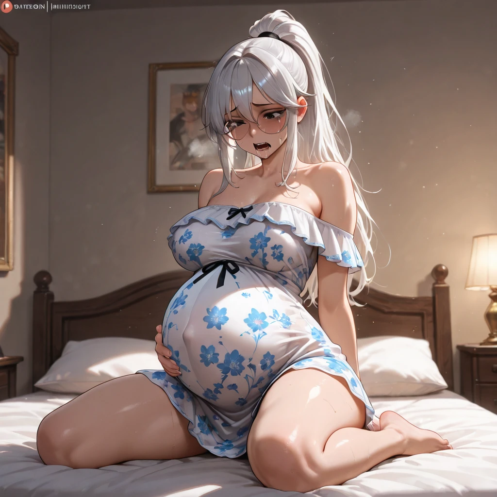 Masterpiece of the Highest Quality, High Resolution (4K), an Exquisite Portrayal of a Charming and Enchanting Coffee-Colored Black-Skinned Adolescent Lolita:
She is in bed sexy nude and naked lady lingerie pregnant and due