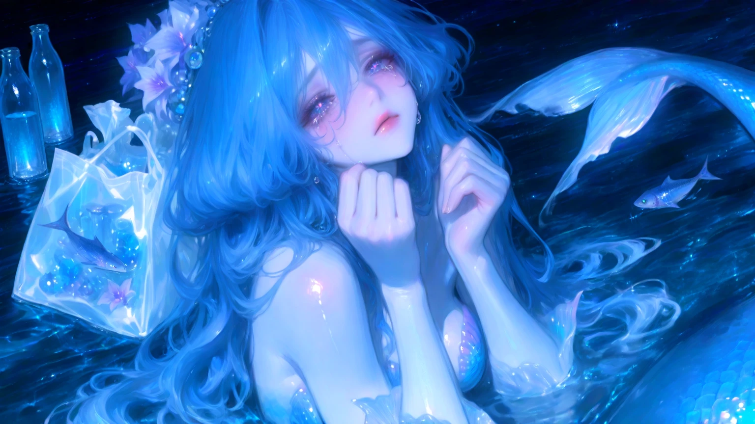 Beautiful water goddess with long light blue hair collapses on a bed of bubbles with sleepy eyes、masterpiece、realisitic