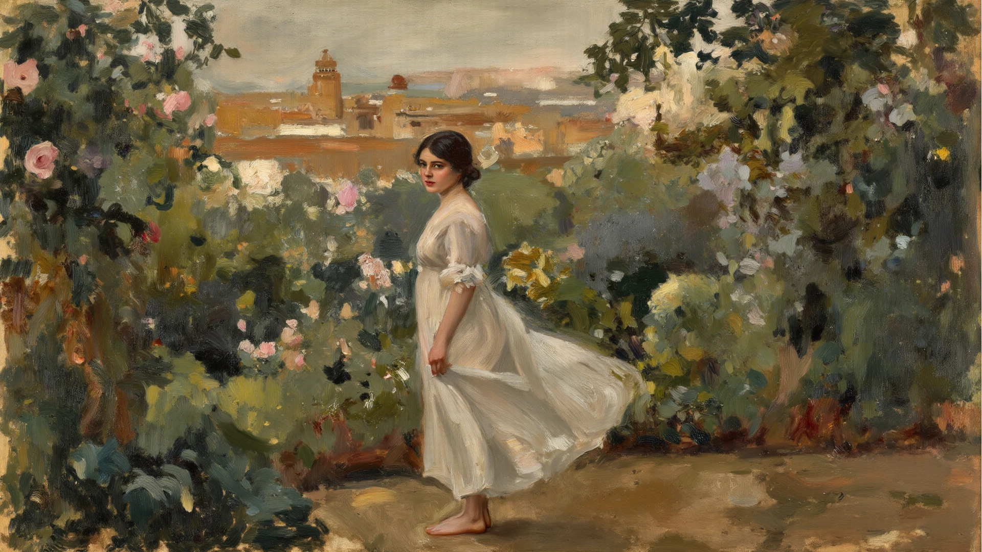 alone in the universe, Paint in watercolor style, Photorealism, discreet golden and ruby and mint shades, (nude) a gentle, modest thin girl of 16 years old with a very beautiful, exquisite face of the southern type with tender nipples walks barefoot in the distance (around the southern town) early morning (along the houses), (Half-profile)