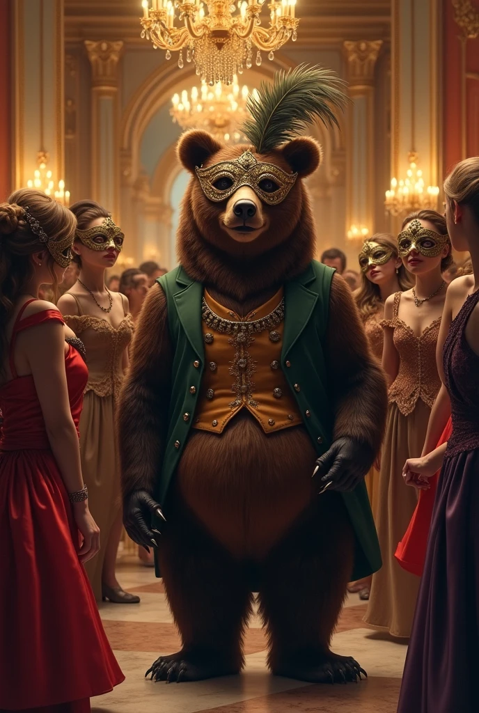 An anime-style oil painting,luxurious party scene inside an elegant masquerade ballroom. close-up of a standing bear with a mask over his eyes,All guests wearing velvet and silks,baroque fashion elegance, intricate lace and embroidery and a face hinting at a smile. All guests looking at the bear. The general atmosphere is playful and mysterious. maschere ornate,  adding a surreal and imaginative atmosphere. Each person also wears an ornate masquerade mask that hides their eyes—some feature feathers, gioielli, or intricate metalwork. The lighting is warm and festive, with chandeliers that project golden reflections on the polished floors.pleated fan ,candlelit ballroom , luci soffuse, polished marble floor, rich color palette, film composition, Rococo inspired,Grano Soffice, chiaroscuro lighting, mysterious atmosphere, fantasy realism

