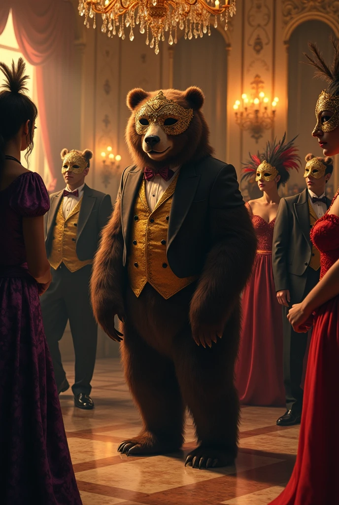 An anime-style oil painting,luxurious party scene inside an elegant masquerade ballroom. close-up of a standing bear with a mask over his eyes,All guests wearing velvet and silks,baroque fashion elegance, intricate lace and embroidery and a face hinting at a smile. All guests looking at the bear. The general atmosphere is playful and mysterious. maschere ornate,  adding a surreal and imaginative atmosphere. Each person also wears an ornate masquerade mask that hides their eyes—some feature feathers, gioielli, or intricate metalwork. The lighting is warm and festive, with chandeliers that project golden reflections on the polished floors.pleated fan ,candlelit ballroom , luci soffuse, polished marble floor, rich color palette, film composition, Rococo inspired,Grano Soffice, chiaroscuro lighting, mysterious atmosphere, fantasy realism
