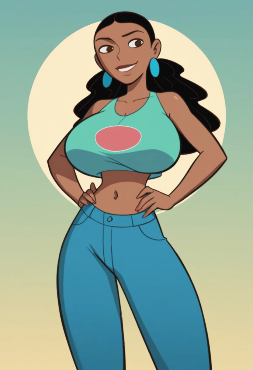 1girl, (dark skinned:1.7), goblin girl, ligth blue hair, very long hair, dark_ skin, multicolored hair, wide body, (small stature:1.5), very chubby, (huge breast:1.6), hair between eyes, twintails, wide hips, blue eyes, mole, mole on chest, age up, lips, big lips, big noise, thick eyebrows, body with fur, twintails, (chubby:1.5), smile, freckles, crop top, zipper, pantyhose, zipper pull tab, bare shoulders, unzipped, hand up, cropped vest, great neckline
