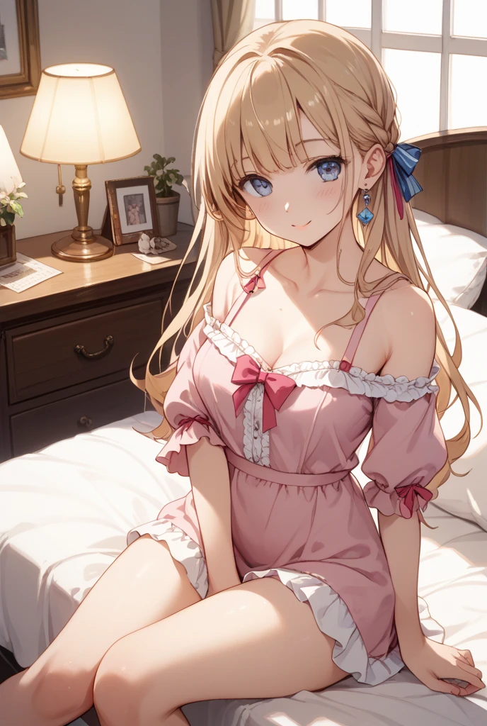 lighting like a movie、Cute camidress girl with ruffles、Private room、Cleavage is exposed、Sit on the bed、embarrassed from、with spreading legs、Spread your crotch、panties small、