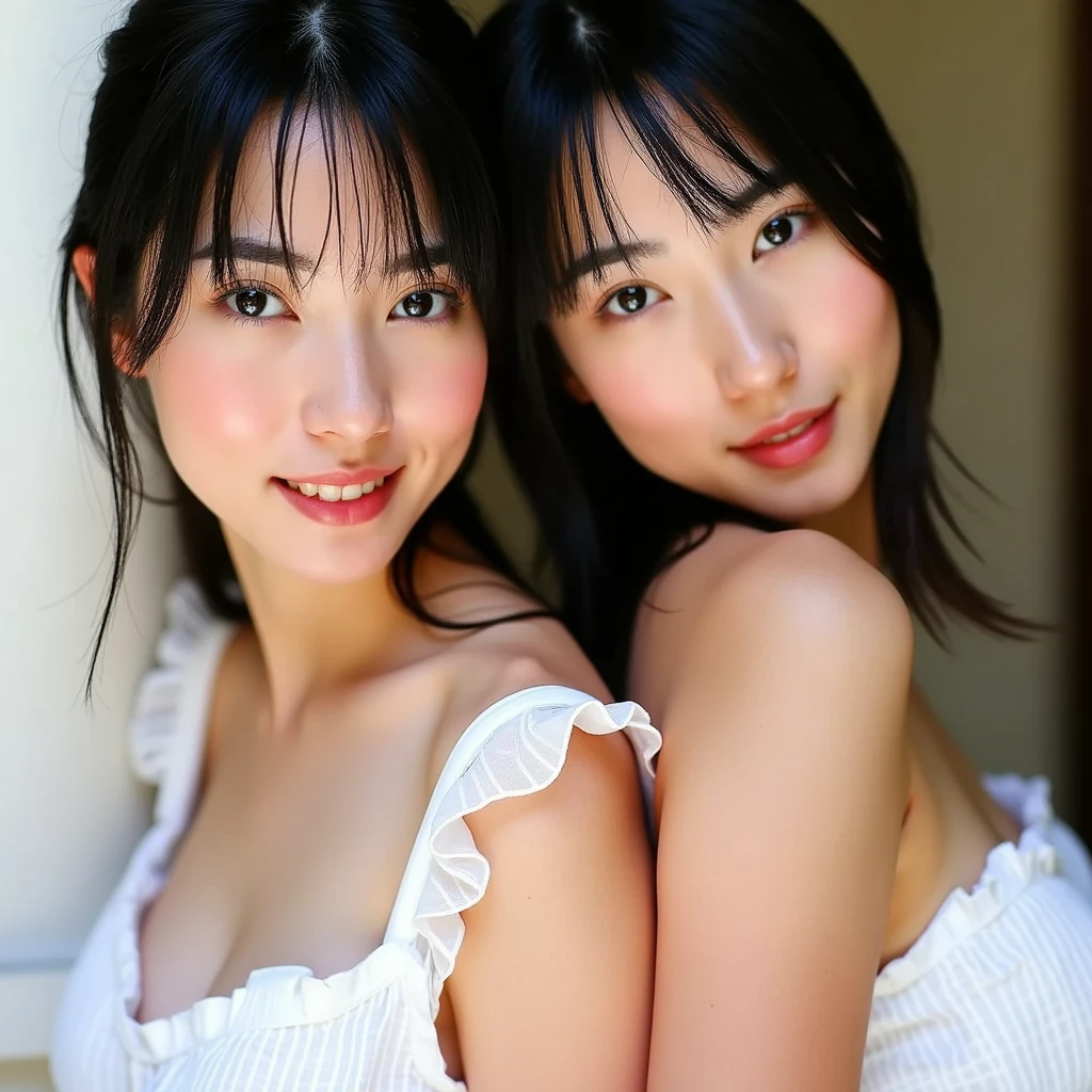(Raw photo、highest quality)、(realistic、Photoreal:1.3)、(identical twin sisters:1.6)、masterpiece、very delicate and beautiful、very detailed、nffsw、unity、8K、wonderful、Detailed details、Super detailed、High resolution、absurd、soft light、（black haired、short hair、curly hair、messy hair、bangs）、detailed beautiful girl、finger details、very detailed目と顔、beautifully detailed nose、beautiful and detailed eyes、（light shines on your face）、looking at the viewer、（closed）、cute、young、Adult-like appearance、white skin、(Half body:1.3、sitting )、lifelike face、realistic body、beautiful thighs、black shirt、(half laugh:1.3)