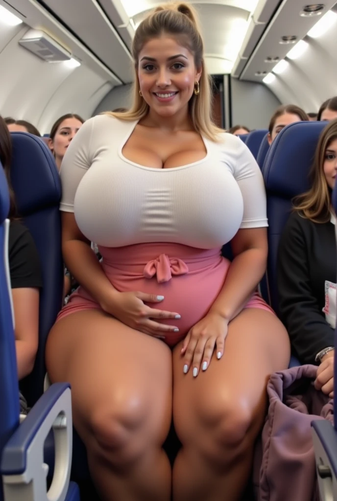 (obra-prima:1.2), (ultra detalhado:1.0), loiro, deusa loira, modelo plus size, ((vestindo biquine)), de costas, ((de costas para o telespectador)), looking back, inside the plane, ((sorrindo)), crowded plane, sorrindo