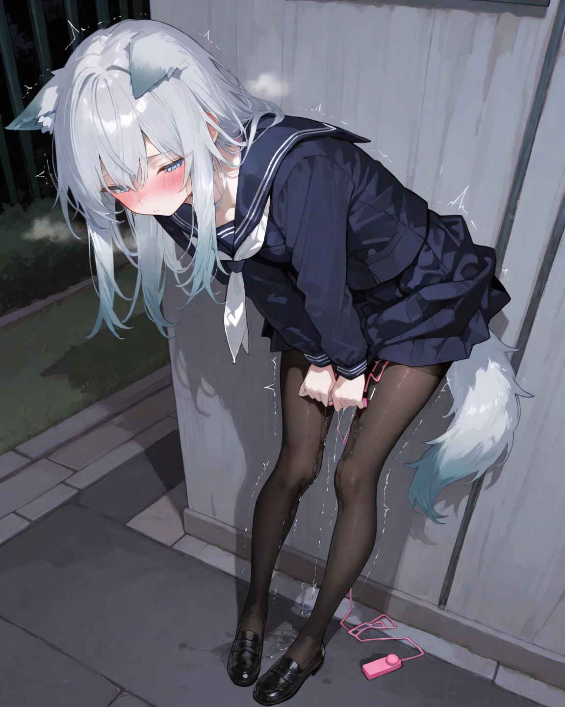 Browsing Caution,masterpiece,Highest quality,High resolution,Very detailed, Shiroko \(Blue Archive\)、Blue eyes、Grey Hair、Medium-long hair、Wolf Ears、Hello,Track jacket,No underwear, White socks,sneakers,Ahegao, Masturbation, corner Masturbation, Blushing, trembling, Spread your legs, (Squirting)