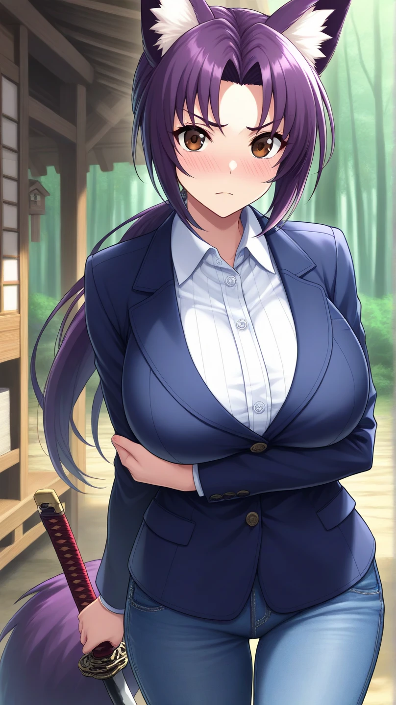masterpiece, absurdres, hinata\(boruto\), 1girl, solo,mature female, looking at viewer, (falling petals), perfect composition, detailed lips, gigantic breast, beautiful face, body propotion, (pink lips), short hair,  purple eyes,  soft gaze,  super realistic, detailed, photoshoot, realistic face and body, ((black skirt suit:1.1), pencil skirt, miniskirt,curvy, thighs, higheels, shiny clothes, skin tight), gigantic breasts, curvy, cowboy shot, cleavage, curvy ass, bubble butt, back view