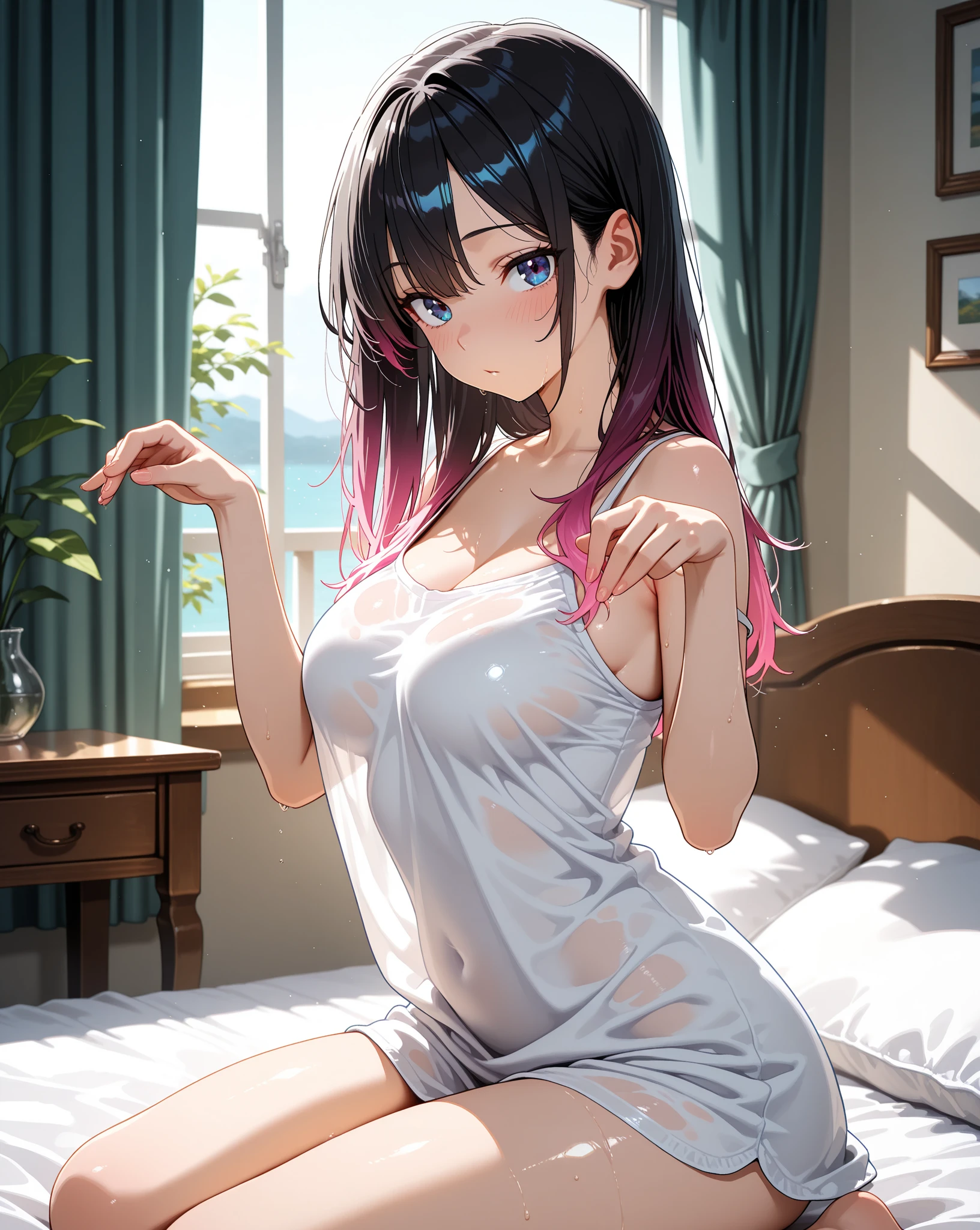 best qualtiy，Need，tmasterpiece，brunette color hair，hair straight，long whitr hair，M-shaped bangs，Fair skin，Bedrooms，Top-down view，Super refined，Medium build，get down on the bed，looking at book，Coordination of the five senses，Beautiful looks，Beautiful eyes，Wide T-shirt，revealing the lower abdomen，Slender and well-proportioned legs，teens girl，Top pull，is shy，Be red in the face，Avoid gaze