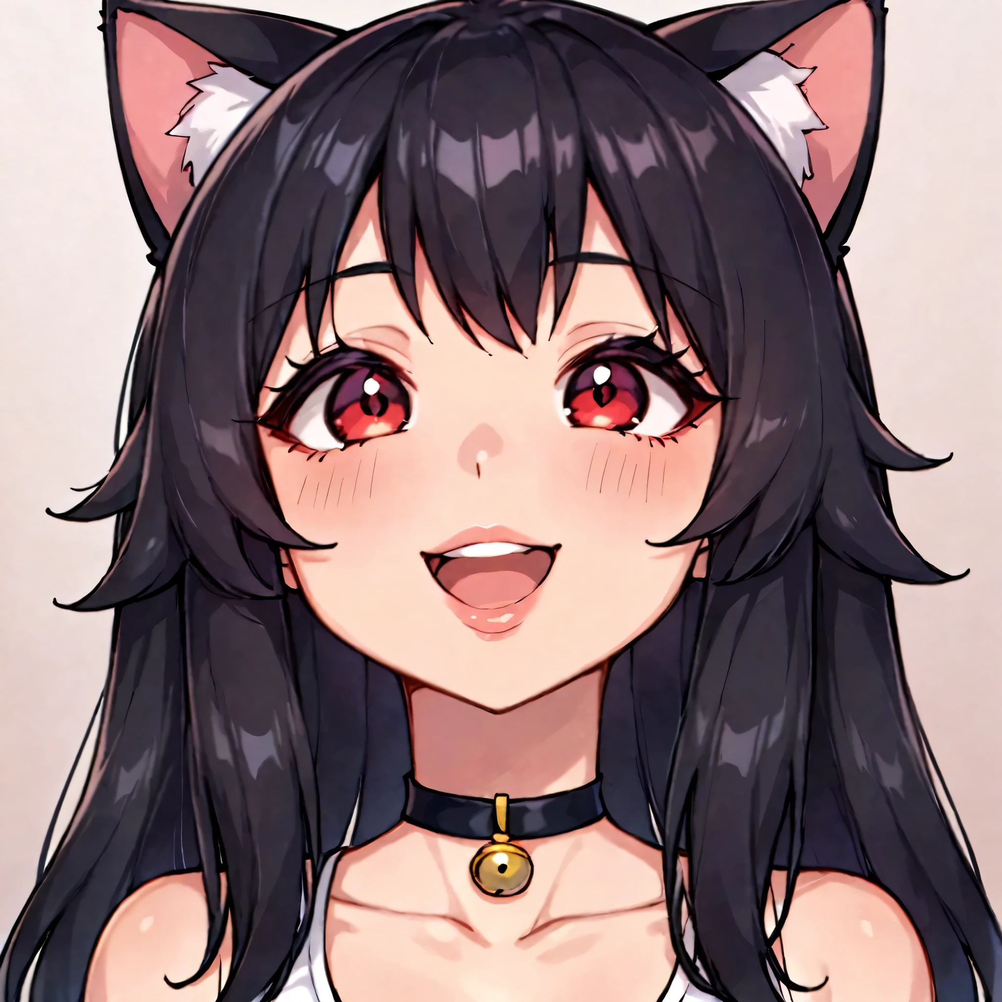 score_9, score_8_above, score_7_above, 1girl, happy, Excited, ((portrait)), ((curvy)), ((twitch emote)), ((( Linda way))), long hair, bangs , black hair with cat ears, , beautiful red eyes, Big eyes, Anime Eyes, eye pencil, long eyelashes, soft and full lips , choker, joyería, short top, (Jelly Art Style :0.2), ((than the rays of God:0.8)), twitch emote,
