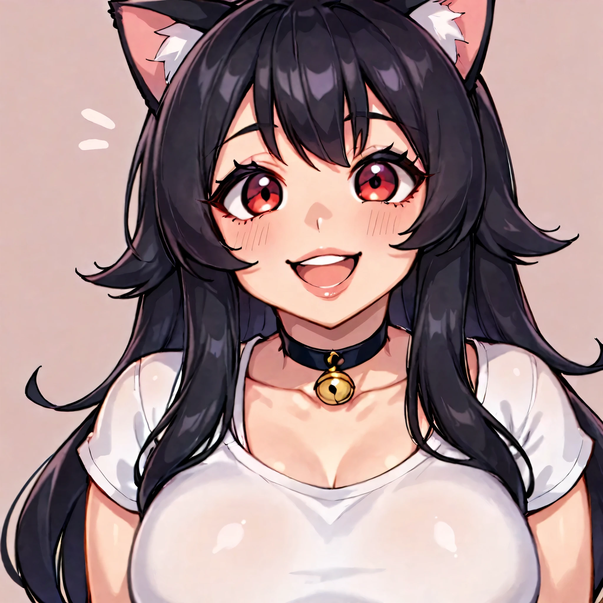 score_9, score_8_above, score_7_above, 1girl, happy, Excited, ((portrait)), ((curvy)), ((twitch emote)), ((( Linda way))), long hair, bangs , black hair with cat ears, , beautiful red eyes, Big eyes, Anime Eyes, eye pencil, long eyelashes, soft and full lips , choker, joyería, short top, (Jelly Art Style :0.2), ((than the rays of God:0.8)), twitch emote,