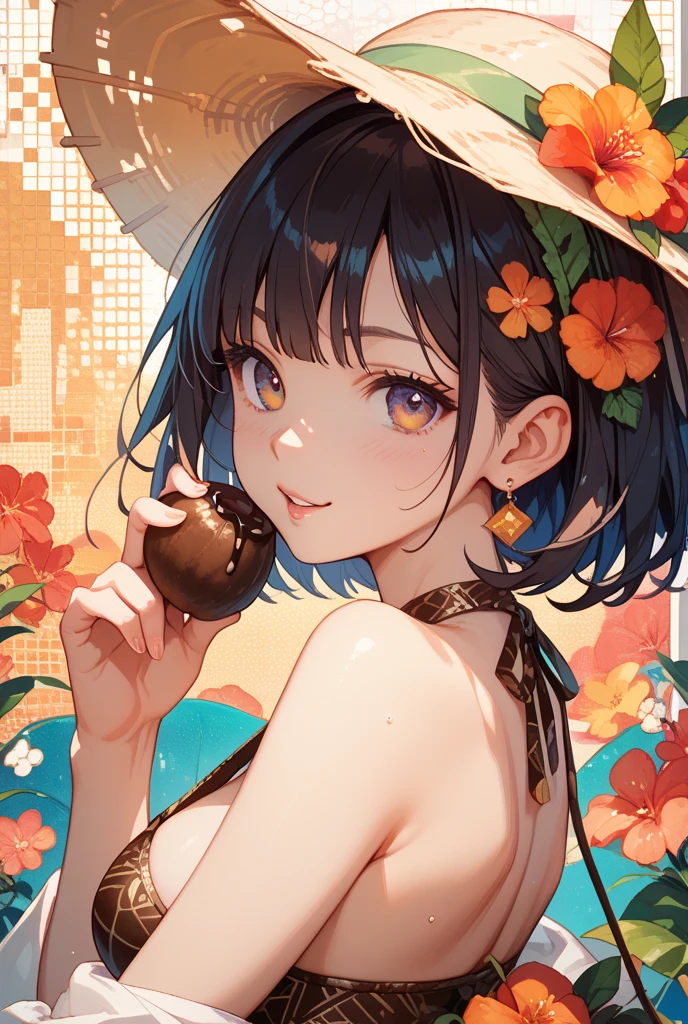 A girl, (short green hair), (violet eyes), (Cat's ears:1.3), (black micro bikini:1.4), (medium chest size:1.3), Smiling, stands, at a beach