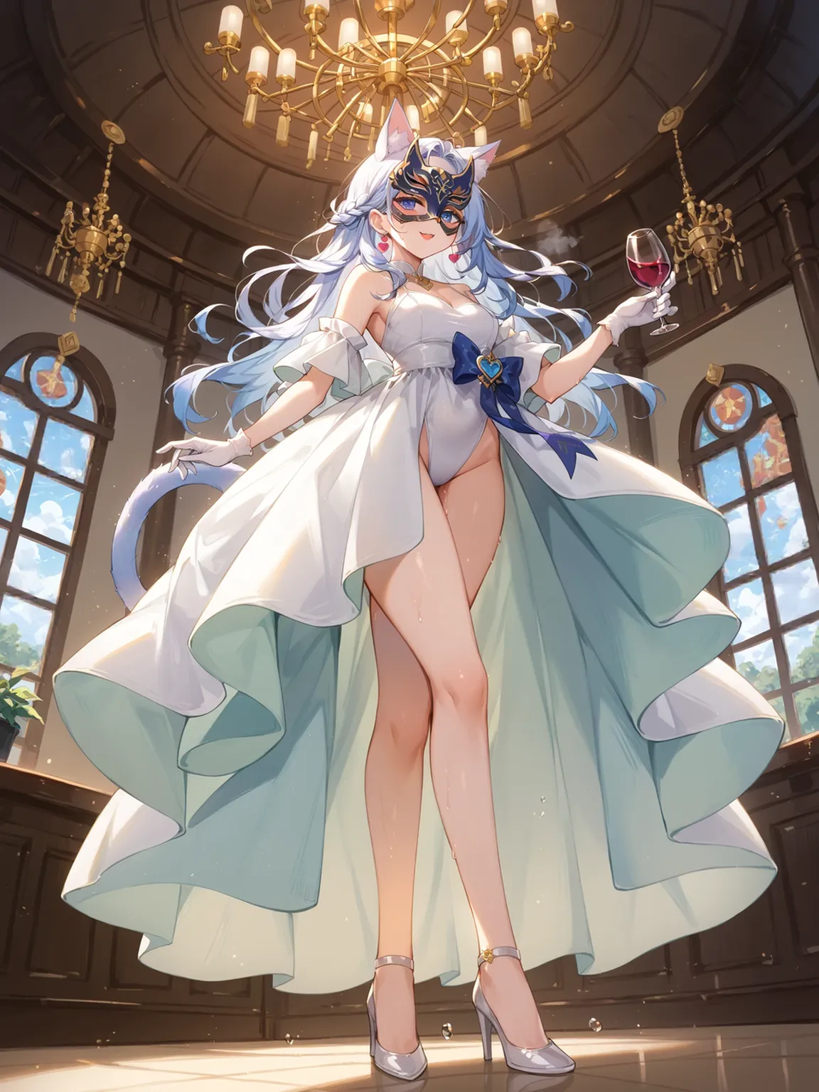 (masterpiece image, very detailed image, best high quality high definition image), solo character
1woman 40 years old beautiful swedish woman milf, fair skin, light blue eyes, wavy yellow gold hair, absolute beauty, aristocrat, wealthy powerful woman, serious face, big breasts, voluptuous figure, huge butt (headbang bith two flue flowers, silver necklace, white gloves, leotard, white blue hoses, gold high heel shoes,), standing around dinner room, night