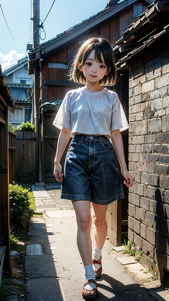 Beautiful 13 year old teenager, short-sleeved shirt, small neckline, tiny denim shorts with lint, tights, high heels, Japanese rural street, cherry blossoms