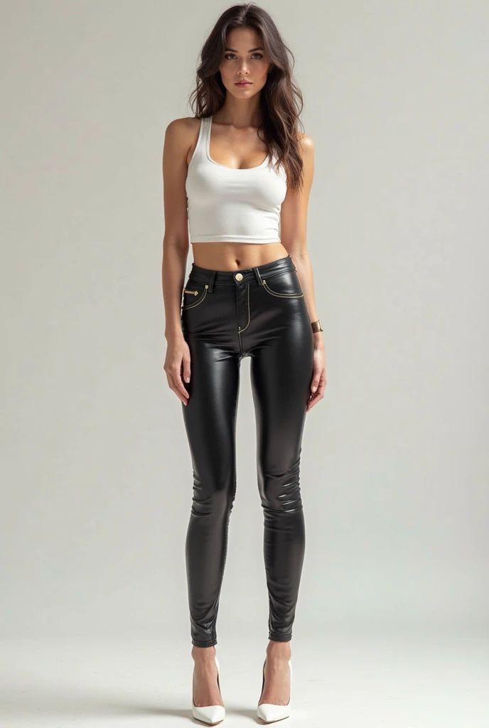 full body woman, 15 years old sexy sensual sports and fashion model, studio advertising photo shoot, standing in front of gray cracked stained concrete wall, black very long wavy hair, Brown eyes, big breast, muscular arms, broad shoulders, long thighs, leather pants, white white polo, high heeled leather boots, silver necklace, silver hoop earrings, silver bracelet, , in photo studio, spot lighting on face highlight on hair, shallow depth of field, bokeh, 8K, High quality, masterpiece, best quality, HD, highly detailed, volumetric lighting, photo realistic