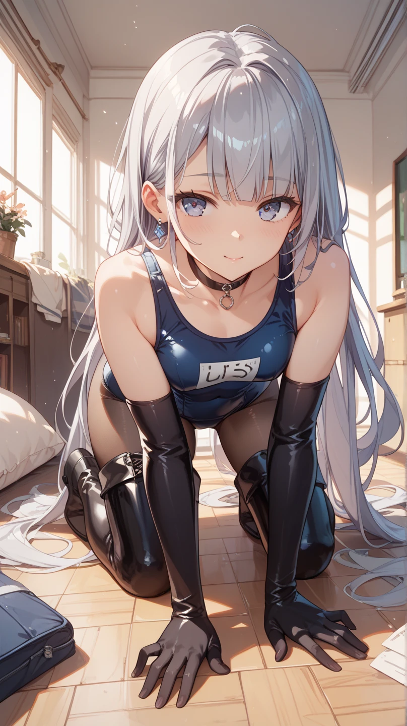 top-quality、realistic touch,high-detail、photoRealstic、long body、thin-waist、captive beauty、big eye、Strong platinum blonde eyelashes、platinum-blond、full body Esbian、Sparkling eyes、Submissive smile、Flushed cheeks、Kamimei、thin-waist、Voluptuous thighs、Enraptured look、Raked bangs、The forehead is protruding、a sailor suit、sleeveless、Inside a room、Put your hands behind your head and squat down with your legs wide apart、camel's toe、13yo girl、pony tail hairstyle、black rubbersuit