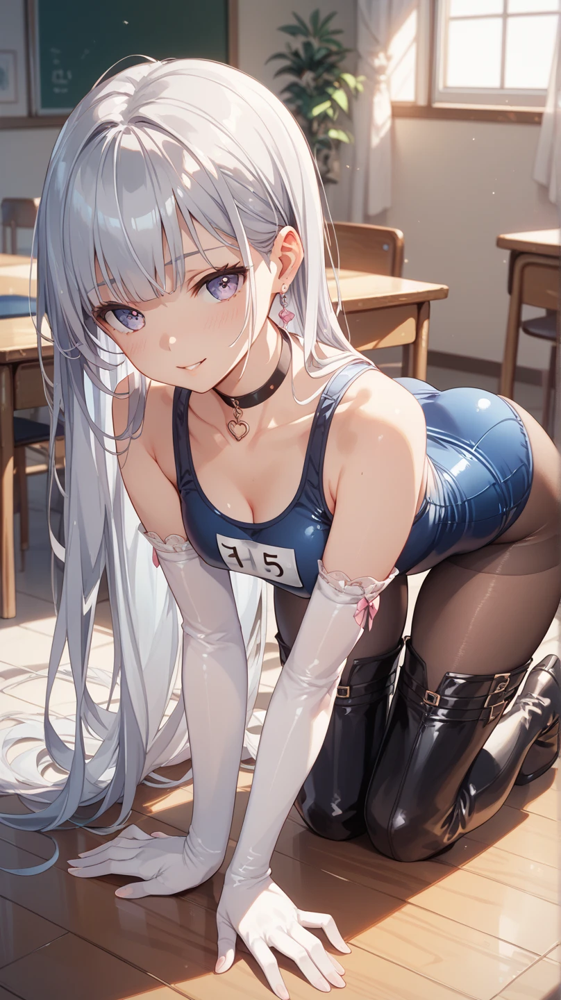 High quality、highest quality、complete limbs、Ultra high definition、Sparkling eyes、full finger、slender beauty、knee high、school swimsuit、school swimwear、back angle、surprised