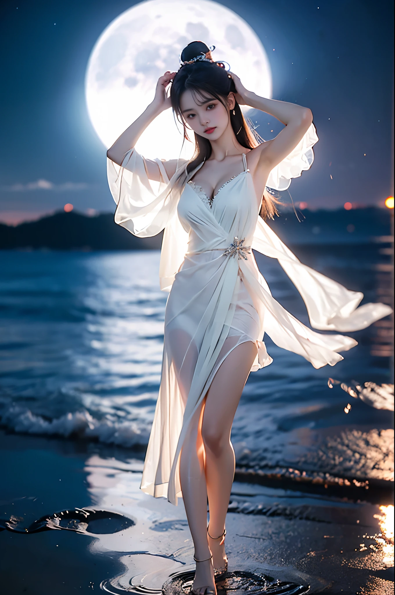 a woman in a white dress sitting on the water with a full moon in the background, a beautiful fantasy empress, by Yang J, beautiful maiden, ethereal beauty, ((a beautiful fantasy empress)), goddess of the moon, full body xianxia, anime goddess, moon goddess, white hanfu, beautiful goddess, guweiz, beautiful fantasy maiden, flowing magical robe
