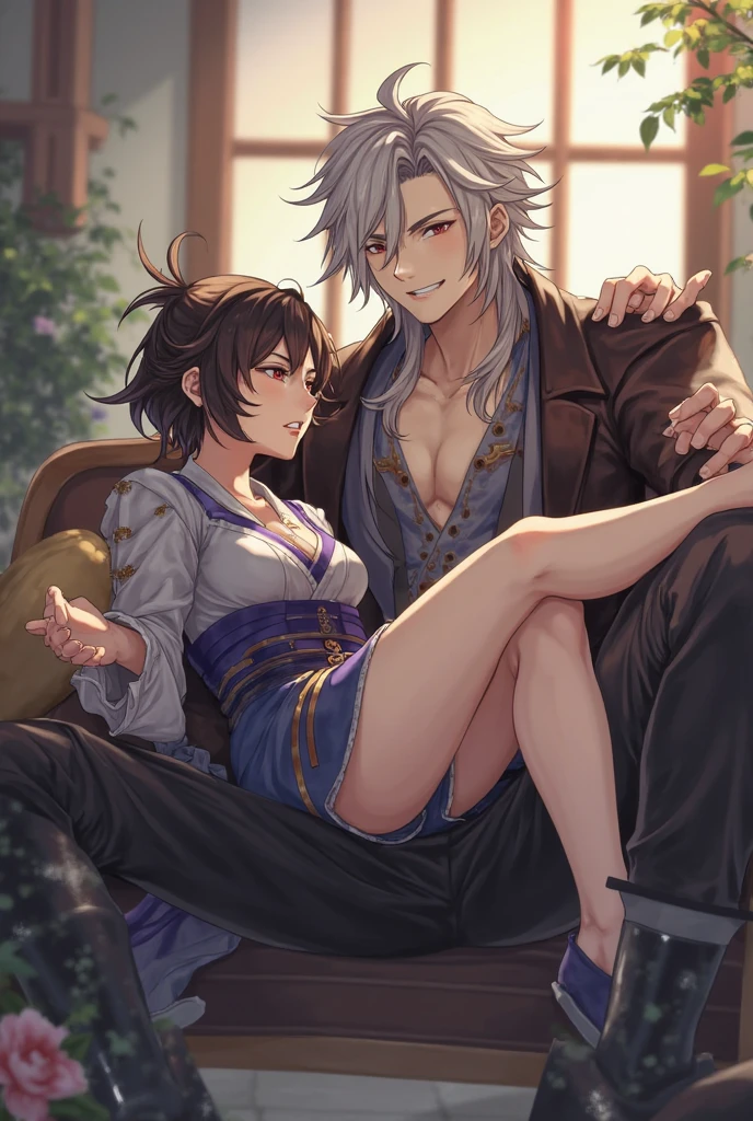 ((highest quality)), ((masterpiece)), (detailed), (Perfect Face)、The woman is Haruhi Suzumiya, with short brown hair and the wife of a 70-year-old man.、(The woman is wearing a gorgeous, see-through dress with gorgeous embroidery and a see-through cape with gorgeous fur, and is wearing gorgeous engagement rings and gorgeous jeweled earrings, necklaces, bracelets and waist chains.、Wearing jeweled accessories such as ankle rings and head dress chains, she has sex with a 70-year-old man on a luxurious bed, with her legs spread in an M-shape and her pussy open.)、(A woman seduces a 70-year-old man with a gorgeous engagement ring)、The man is 70 years old and is embracing the woman in a bedroom in a luxurious mansion.
