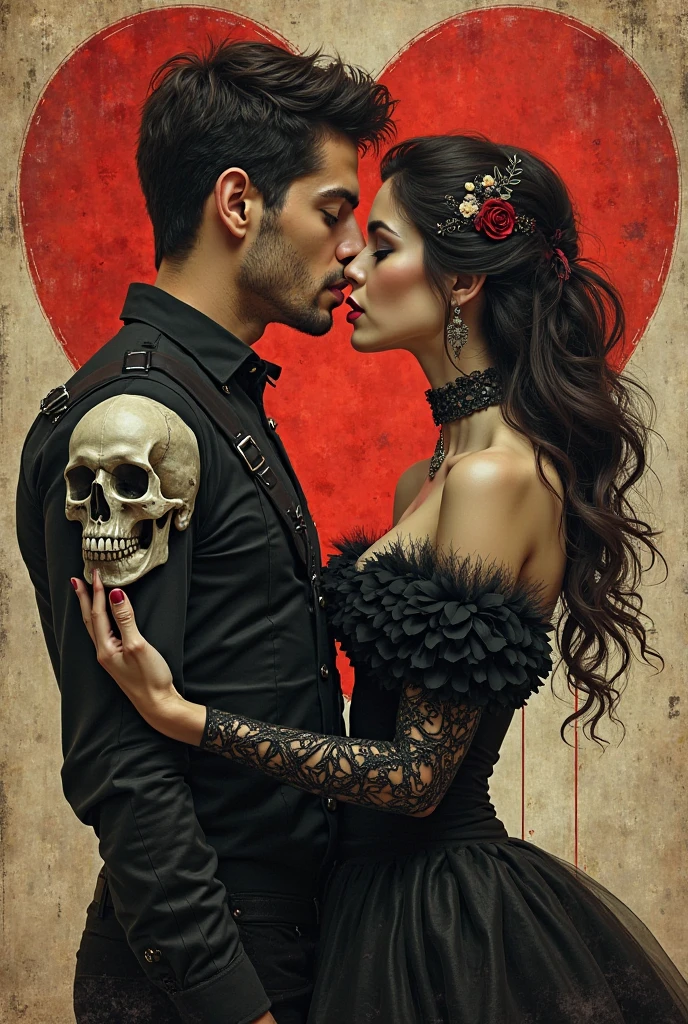 kissing, dark aesthetic, Acute beautiful creepy dark humanoid figure, holding a red heart shape balloon, horn and ragged rope, scary, eerie, stunning fantasy illustration, dark details, attention to detail, fantasy, rusty metal and bloody hell, roses, skull, monsters, art by wlop, good anatomy, OverallDetail